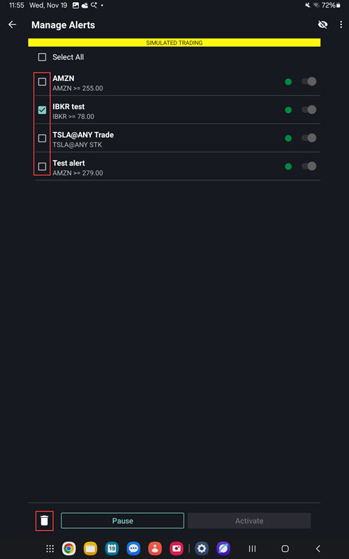 The delete alert panel on the android tablet